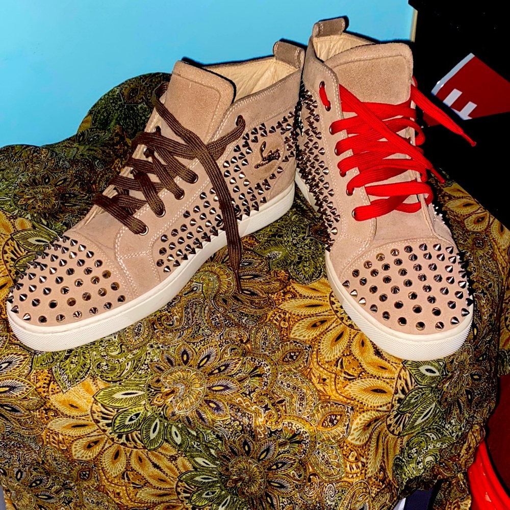 Christian Louboutin Mens Spiked Sneakers Beige